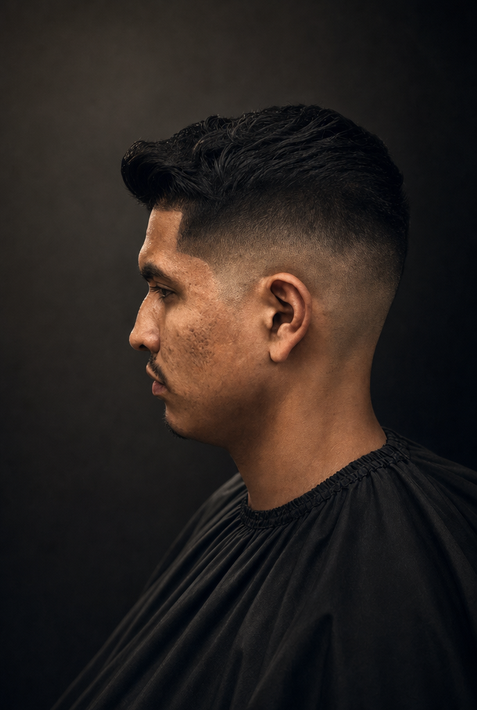 Corte con textura y flequillo degradado realizado en Anyelo RD Barbershop