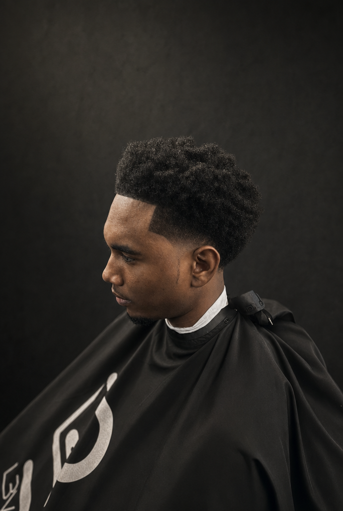 Corte afro con fade y línea de contorno definida en Anyelo RD Barbershop